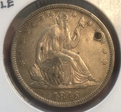 1846 tall date seated Liberty half, AU ,  holed Cover