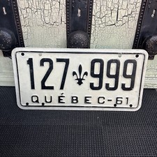 vintage QUEBEC 1961 Canada License Plate 127999 Fleur De Lis