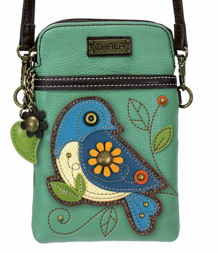 CHALA Blue Bird Cell Phone Crossbody bag pouch purse in teal CONVERTIBLE