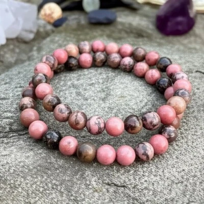 Handmade Rhodonite Stretch Bracelet Natural Healing Crystal for Anxiety Relief - Image 1 of 4