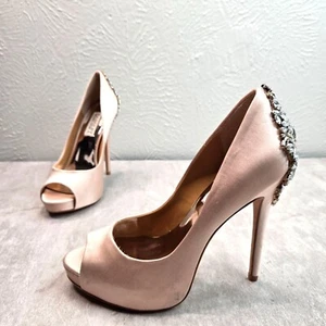 Crystal Stiletto High Heels Sz 6 Tan Satin Peep Toe Formal Dressy Platform Pumps - Picture 1 of 11