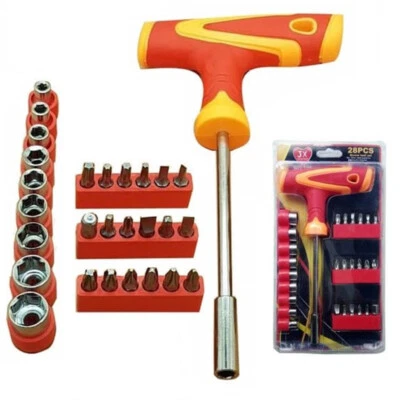 CACCIAVITE A "T" + 9 CHIAVI A BUSSOLA + 18 INSERTI TORX TAGLIO CROCE SET 28 PZ - Immagine 1 di 4