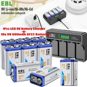 EBL 6F22 Rechargeable 9V Batteries 280/600mAh Ni-MH /Li-ion Battery /Charger LOT - Picture 1 of 57