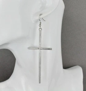 Silver Cross dangle earrings 3 7/8" long lightweight big huge cross pendant - Picture 1 of 10