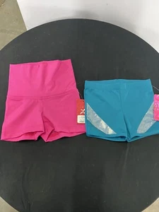 Lot Of 2 Pair Of Girls Dance Shorts By Capezio Pink Sz 1 & Green Sz XS - Picture 1 of 6