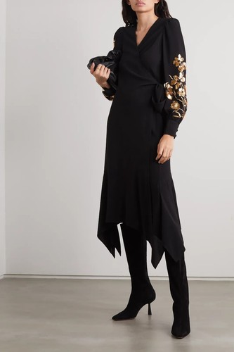 $698 NEW w Tag Tory Burch EMBROIDERED WRAP DRESS Asymmetric Black G Sequins 4