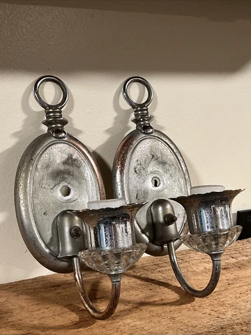 Pair Shield Back Wall Sconces Victorian Nickel Over Brass Antique Lighting PAIR! Cover