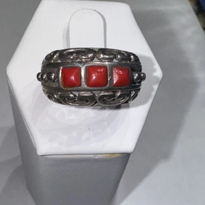 Vintage verzierter Ring Sterlingsilber und Koralle Größe 6 - Bild 1 von 9