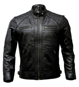 Café Racer Men Leather Jacket Black Brown Biker Genuine Sheep skin Leather - Picture 1 of 16