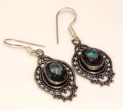 Mystic Topaz 925 Silver Plated Handmade Earrings 1.8" Stylish Gift GW - Image 1 of 3