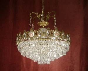 MEDIUM STRASS LEAD CRYSTAL CHANDELIER CEILING 3 LAMP USED FIXTURES 16 ⌀ - Picture 1 of 12