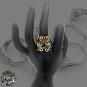 Gold Tone Metal Multicolor Rhinestone Clover Shaped Statement Fashion Ring Sz 9 - Picture 1 of 7