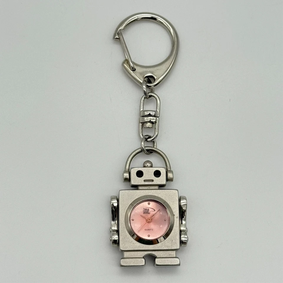 Silver Tone WHY ME Robot Moving Arms Quartz Keychain Watch, Pink Dial, Works - Image 1 of 4