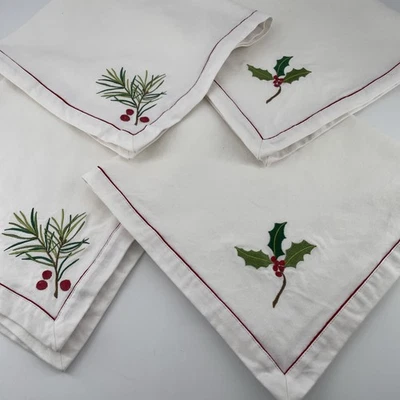 Servilletas de Cena Caja y Barril Yuletide x4 Bordadas Algodón Rama de Pino Acebo Foto 1 de 4