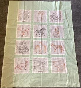 Vintage Fabric 42x42 Quilt Top Baby Animals Blocks Squares Embroidered Green - Picture 1 of 18