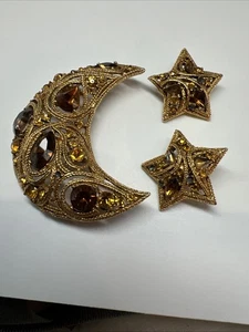 Vtg La Roco Paisley Crescent Half Moon Brooch & Star Earrings Witchy Dark Amber - Picture 1 of 12