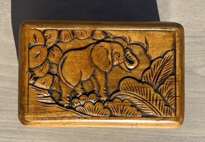 Hand Carved Wood Hinged Jewelry Box, Elephant & Foliage Motif, Red Velvet Lined - Picture 1 of 10