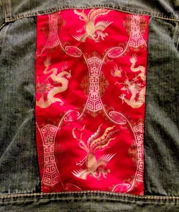 PreOwned Women's DSQUARED2 F*cker Denim Red Dragon Jacket Medium Silk Highlights - Picture 1 of 9