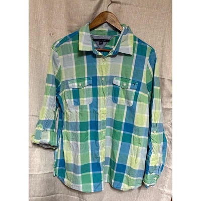 Mujer Tommy Hilfiger XL Camisa a Cuadros Botones Manga Redonda Verde Azul Foto 1 de 4