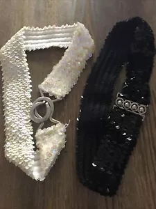 Vintage Retro 80s Disco Glam Rock Black Sequined Wide Stretch Belt Elastic 2 Inc - Picture 1 of 6