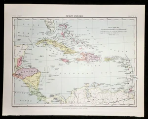 Original Victorian West Indies Map, Haiti, Jamaica + (1889) Ex Britannica 9th Ed - Picture 1 of 2