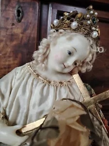 Gesù Bambino Madonna Cera Bambinello Xix S. Croce Crocifisso Bambola Antica - Foto 1 di 10
