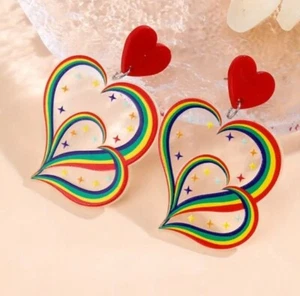 Large Rainbow Heart Earrings Pride Earrings Stud Drop Christmas 455 - Picture 1 of 2