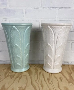 Pair Of Robinson Ransbottom Pottery RRP Art Deco Palm Leaves Vases ~ Real!! - Picture 1 of 24