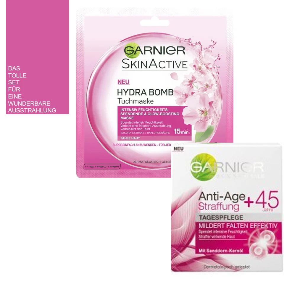 (1L|243,90) 2tlg. Set Garnier Skin Glow Anti-Age+ Straffung 45 Tag + Tuchmaske - Bild 1 von 1