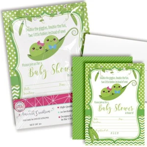 Two Peas in a Pod Baby Shower Invitations 20PCS Twin Boy Girl Cards Envelopes - Picture 1 of 9