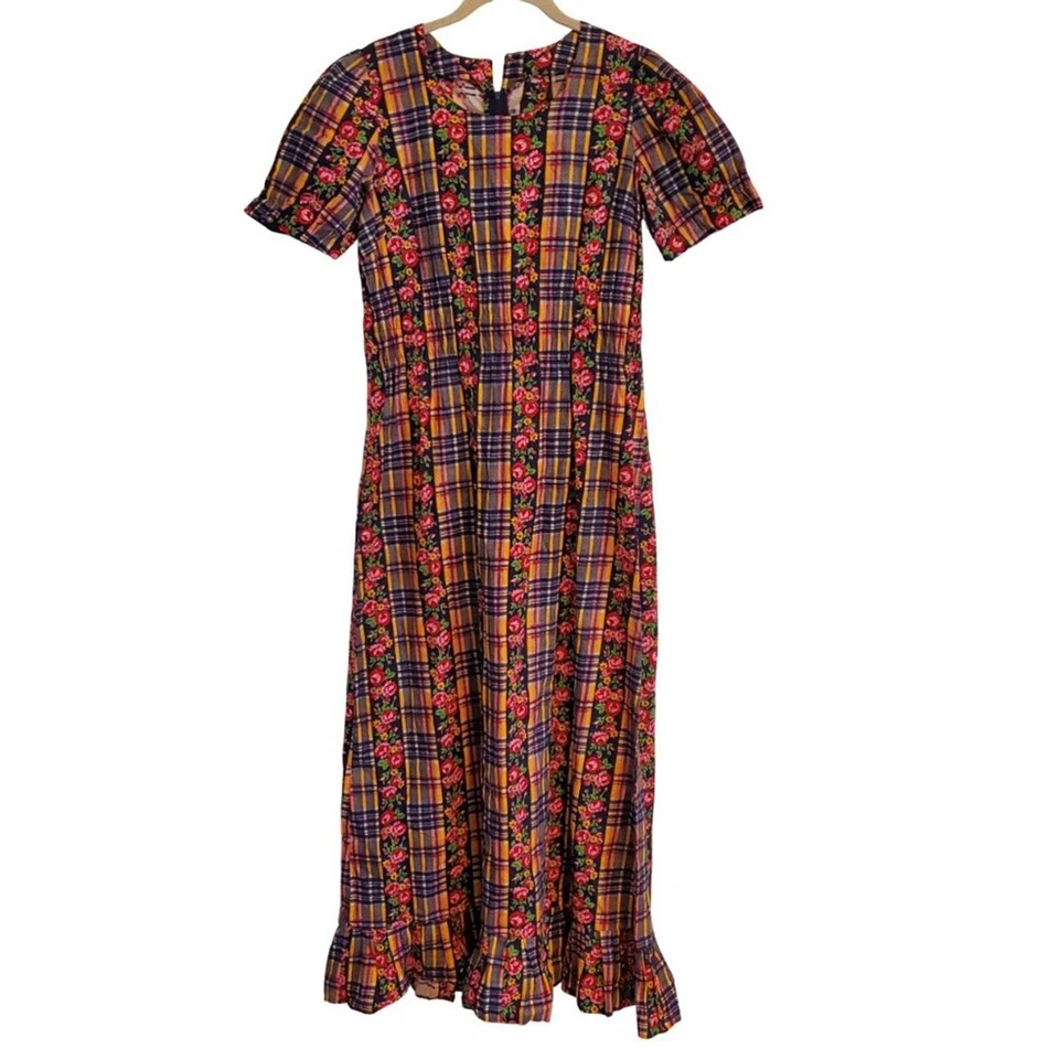 Maxi Vestido Vintage Años 90 Hecho a Mano a Cuadros Floral Patrón Rosa Azul Amarillo Rojo Verde Foto 1 de 4