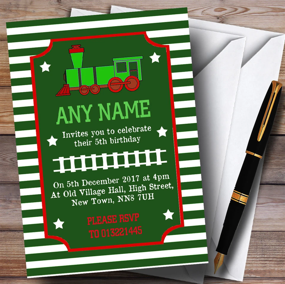 Green & Red Striped Train Childrens Birthday Party Invitations - Image 1 of 1