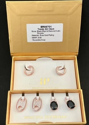 Bomb Party Charming Hoops Trendy Girl Glam ER66701 Black Onyx CZ Rose Gold - Image 1 of 3
