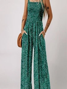 Women's Casual Loose Overalls Jumpsuit One-piece Sleeveless Printed Wide Leg - Picture 1 of 11