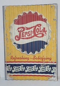 Pepsi Cola Soda Bottle Cap Refreshing Satisfying Corrugated Metal Sign - Picture 1 of 5
