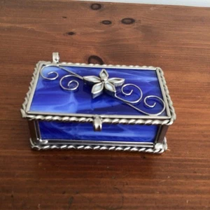 Cobalt Blue Swirled Glass Trinket Box with Star Design & Floral Silver Tone - Picture 1 of 6