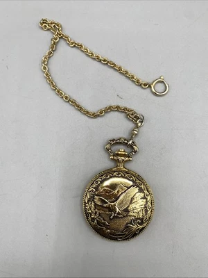 Vintage 80s Colibri Quartz Pocket Watch Bald Eagle Engraved Gold Toned Flaws - Image 1 of 4