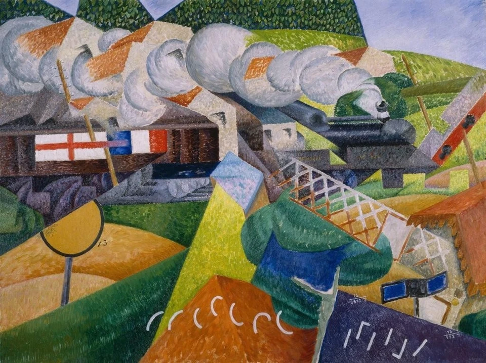 Red Cross Train Passing a Village Gino Severini 1915 Italian Futurist War Print - Image 1 of 2