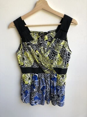 Blusa BCBGMaxazria Seda Cuello en V Sin Mangas Talla Pequeña Negra Amarilla Azul Foto 1 de 4