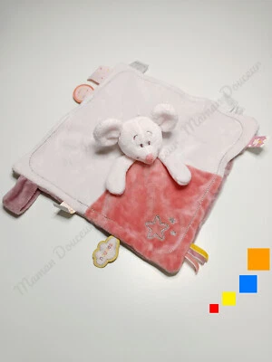 Doudou Plat/Mouchoir Carré Mia Souris Rose Mauve Étoile Attache Tétine - Noukies - Photo 1/4