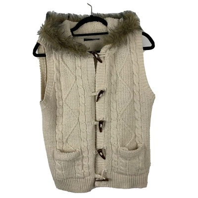 Atmosphere Womans Hooded Faux Fur Trim Sweater Vest Toggle Buttons Sz 14 Ivory - Image 1 of 4