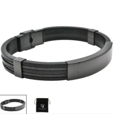 NUEVO CON ETIQUETAS Brazalete Brazalete Blackjack Para Hombres Negro Silicona Negro Acero Inoxidable Alambre Foto 1 de 4