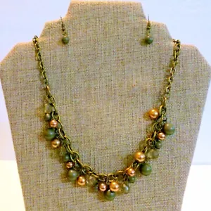 Brass Tone Green Cream Bead Cluster Necklace Earring Demi Parure - Picture 1 of 3