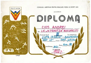 Rumania, 1986, Diploma de Propaganda Comunista, Daciada - Diploma de Bádminton - RSR - Imagen 1 de 1