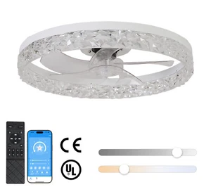 White Modern 20" Flush Mount Ceiling Fan Light Kit Dimmable w Remote APP Control - Picture 1 of 13