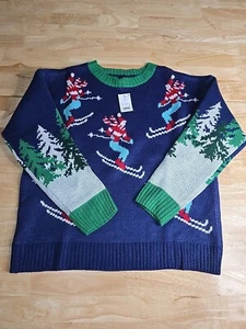 Women's Alpine Skier Blue Holiday Ugly Snow Winter Graphic Sweater Size Medium - Picture 1 of 9