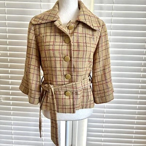 Tulle Anthropolgie Sz Medium Yellow Tweed Blazer Jacket Coat W Belt Big Buttons - Picture 1 of 12