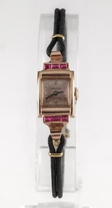 Gruen 14k Rose Gold Precision Watch w/ Ruby and Aftermarket Cord Strap - Picture 1 of 7