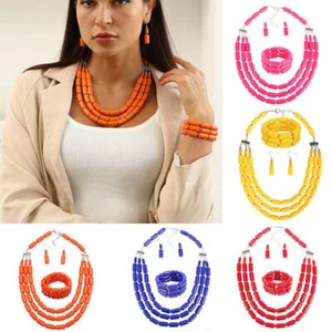 3pcs Multi Layered Beaded Necklace Earrings Bracelet Set Chunky Statement NEW - Picture 1 of 21