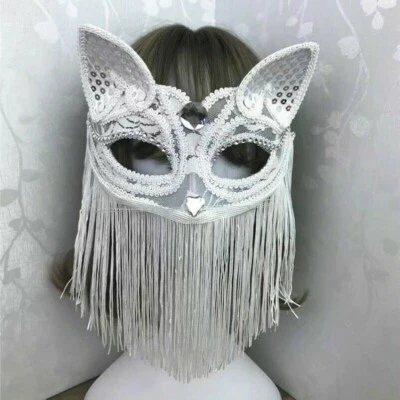 Masquerade Party Eye Mask Venetian Lace Fox Cat Animal Tassel Fringe Sequin - Image 1 of 4